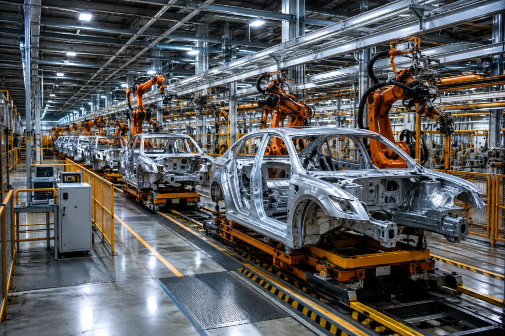 Automotive manufacturing facility with robotic arms assembling vehicle bodies along a modern production line.