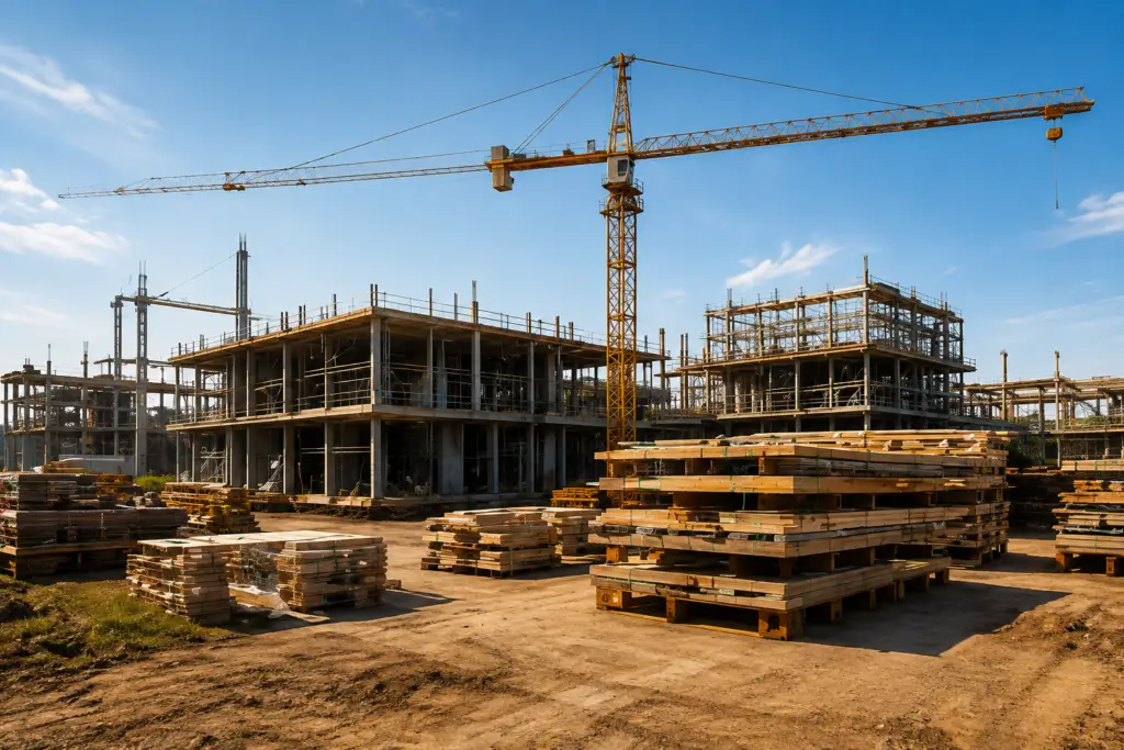 Construction site with tower cranes, concrete building structures, and stacks of lumber and building materials.