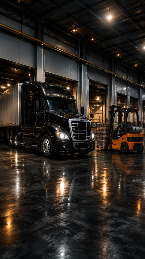 Black semi-truck backed into a warehouse loading bay beside a forklift inside an industrial freight facility.