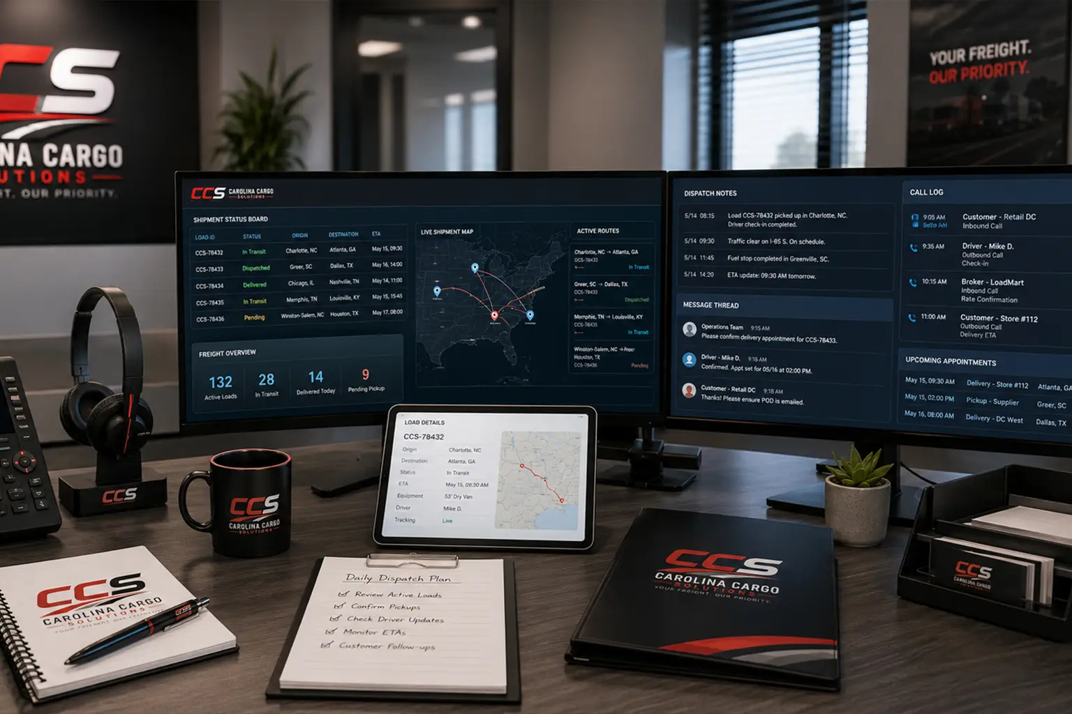 Home Carolina Cargo Solutions branded logistics workstation displaying shipment tracking, dispatch notes, call logs, and customer communication tools