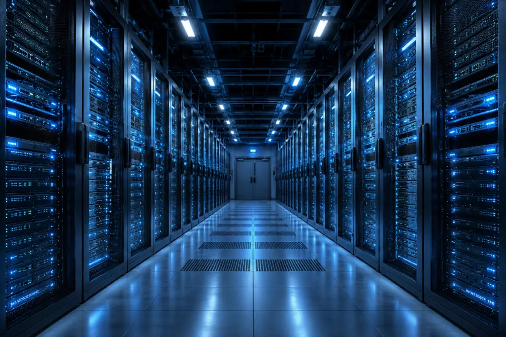 Modern data center aisle with rows of illuminated server racks and electrical infrastructure.