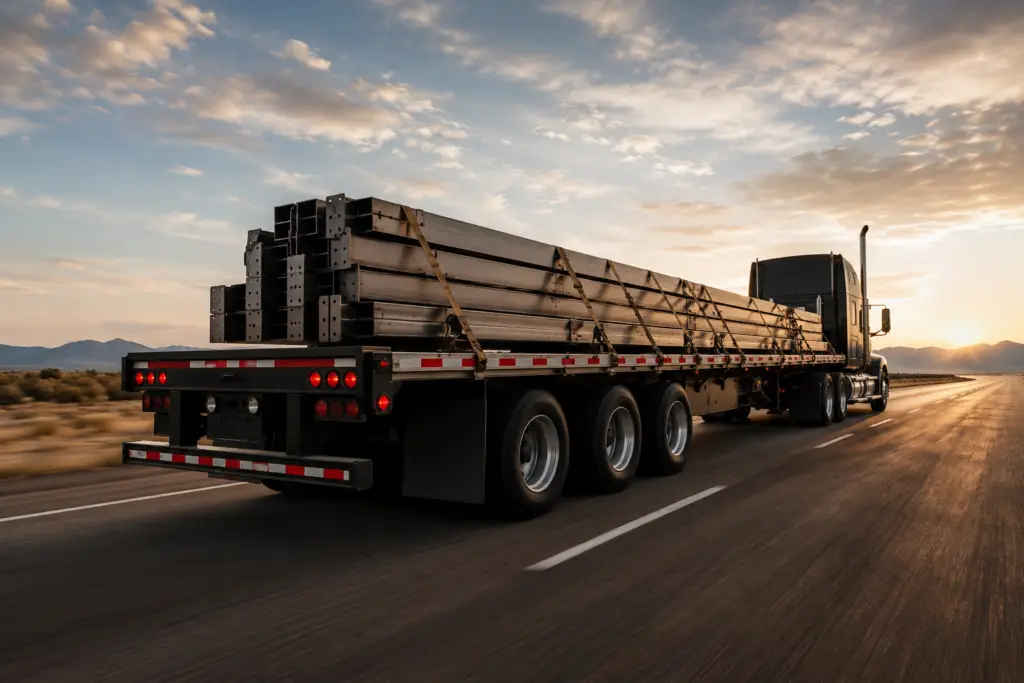 Flatbed tractor-trailer hauling secured steel beams on the highway for Carolina Cargo Solutions flatbed freight service