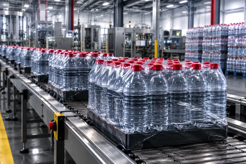 Shrink-wrapped bottled beverages moving along a conveyor inside a modern beverage packaging facility.