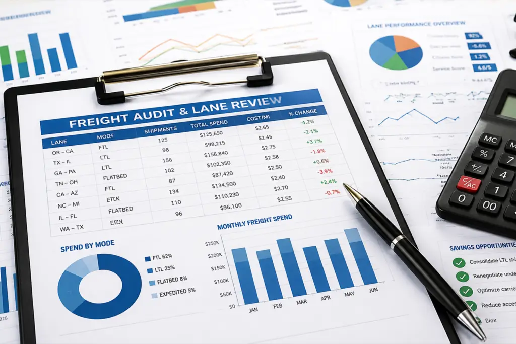 Freight audit and transportation lane review documents with charts, calculator, and shipping performance data