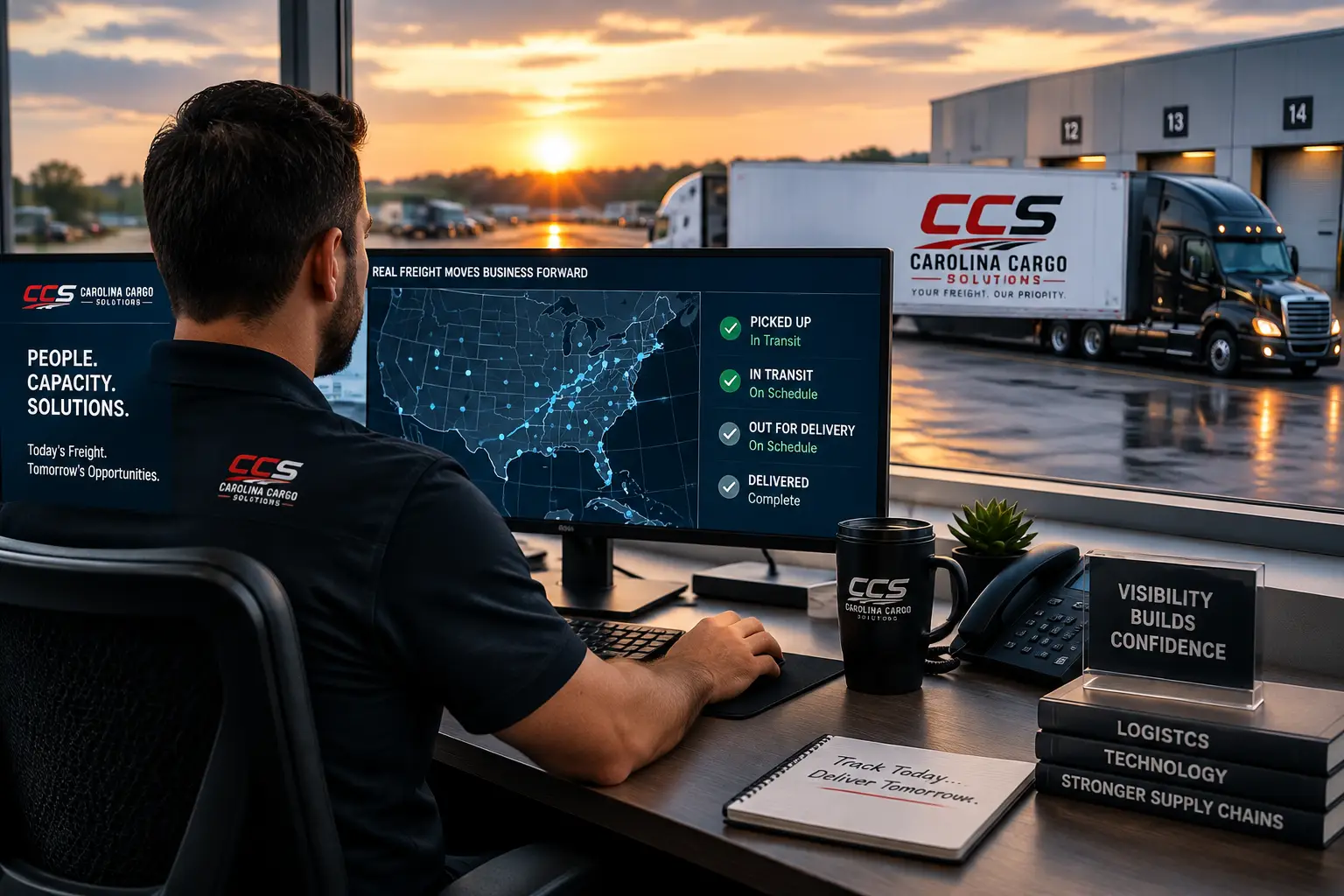 Home Logistics professional reviewing freight shipment location and delivery status on a digital tracking dashboard