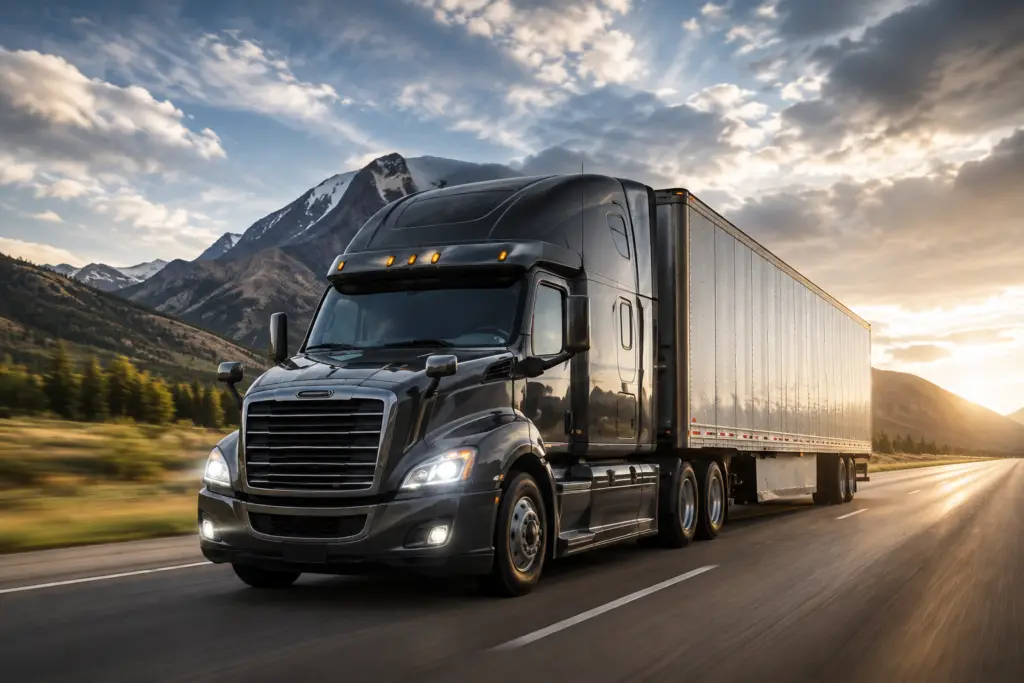 Black semi-truck hauling a full dry van trailer on the highway for Carolina Cargo Solutions full truckload freight service