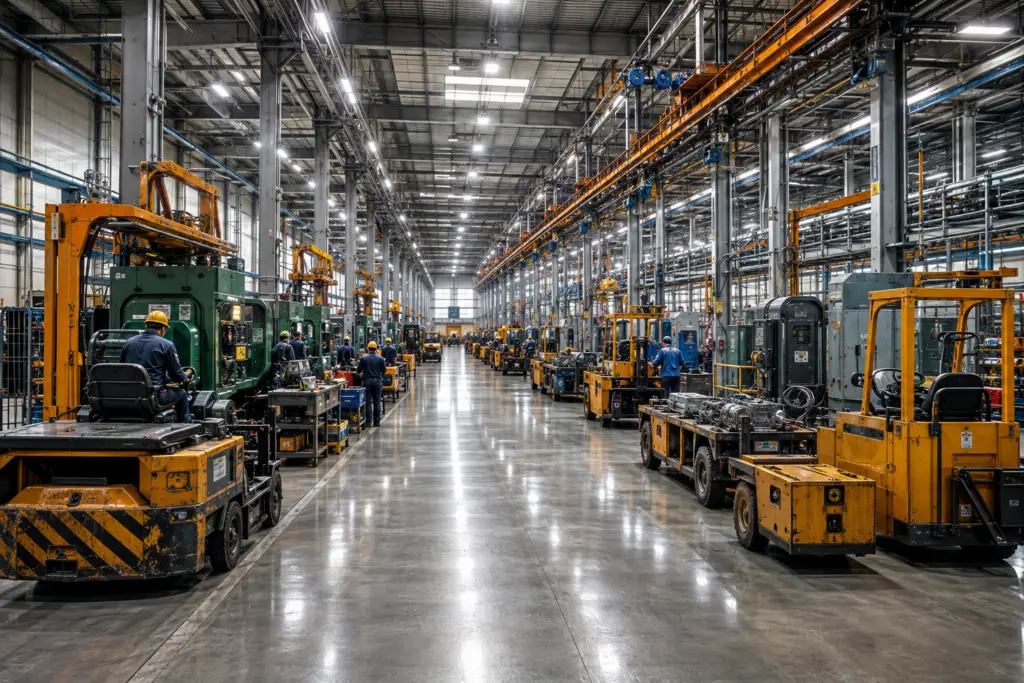 Large industrial manufacturing facility with production equipment, machinery, material-handling vehicles, and factory workstations.