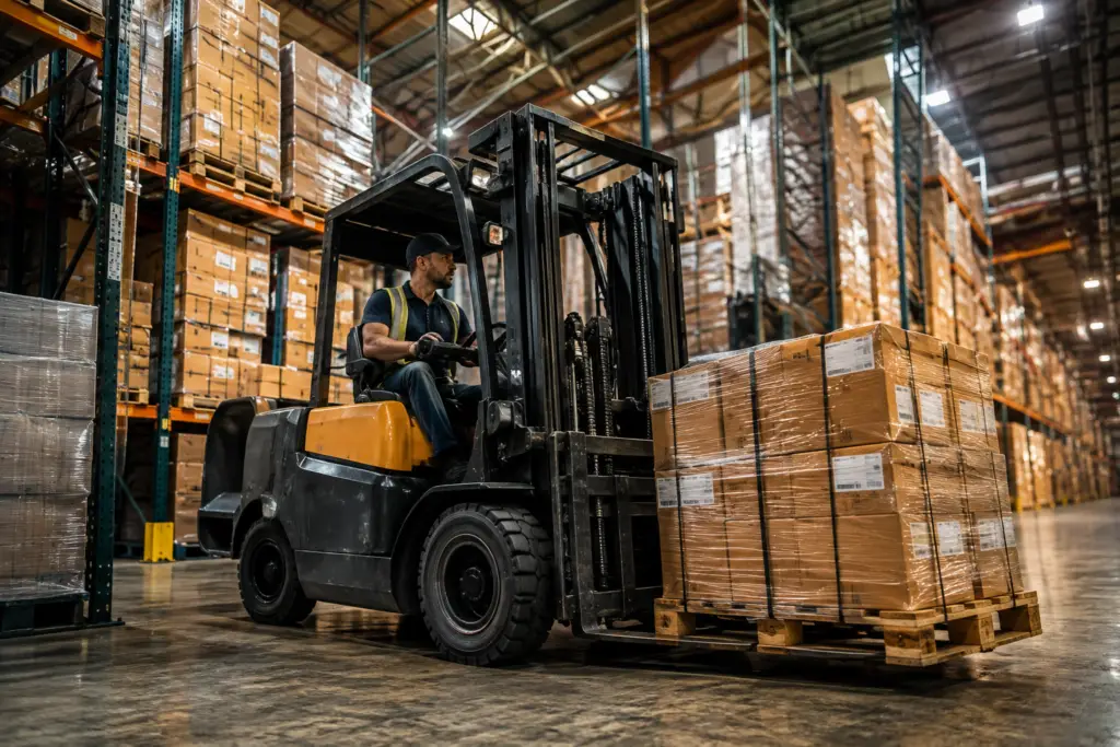 Forklift operator moving palletized freight inside a warehouse for Carolina Cargo Solutions LTL shipping service