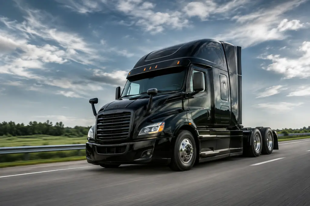 Black semi-truck tractor without a trailer traveling on the highway for Carolina Cargo Solutions power-only service