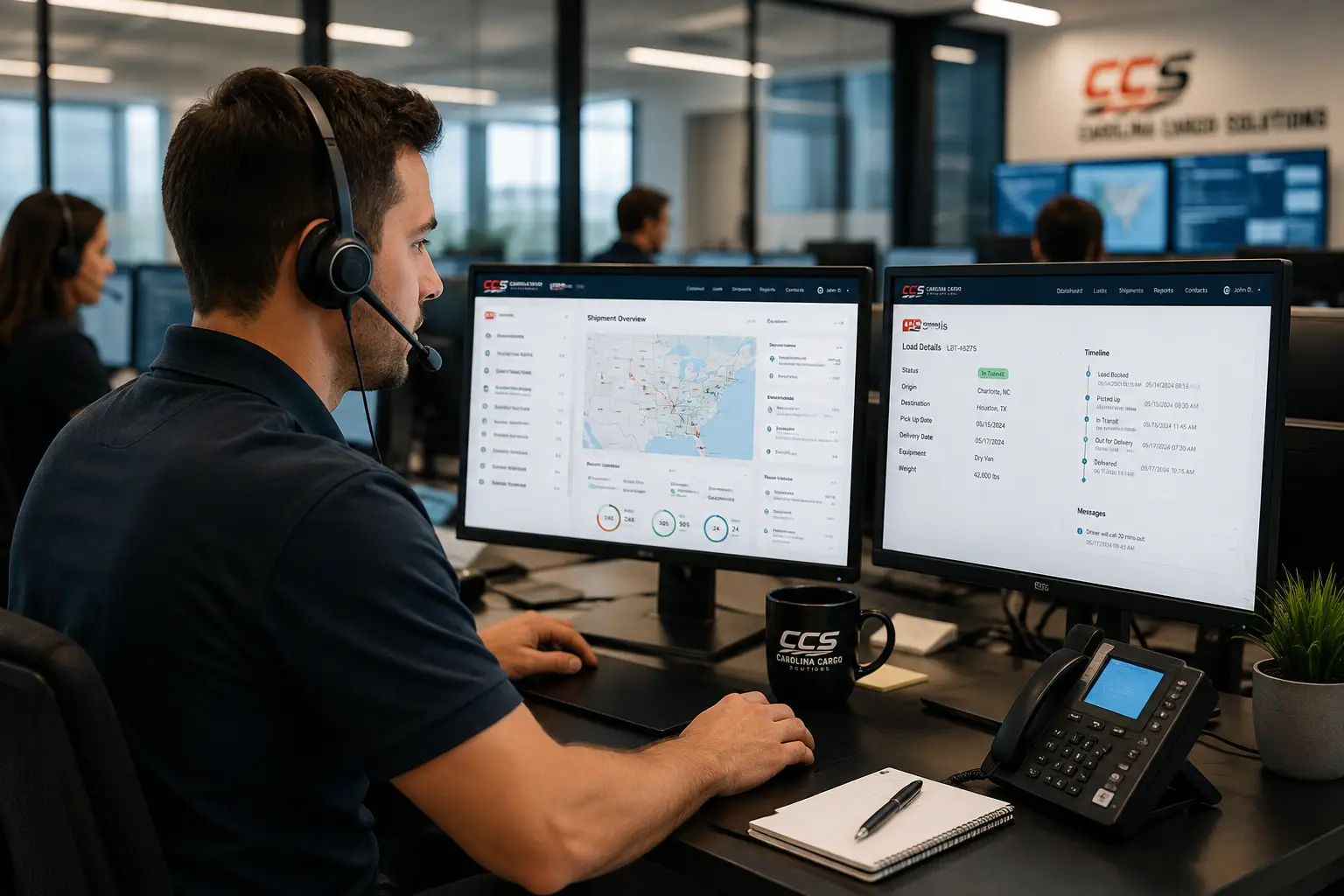Home Carolina Cargo Solutions logistics specialist monitoring shipments and assisting customers from a freight operations desk
