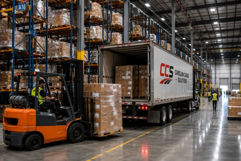 Forklift moving a pallet of boxed products beside a Carolina Cargo Solutions trailer inside a distribution warehouse.