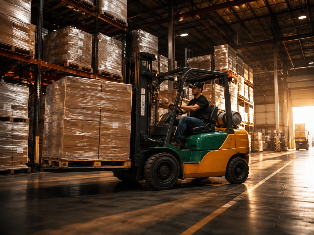 Forklift operator moving palletized freight inside a large warehouse.